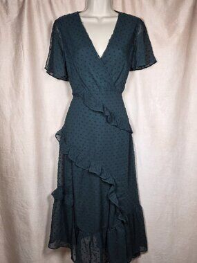 NWOT Lulus Women Emerald Green Swiss Dot Ruffled Midi Dress M